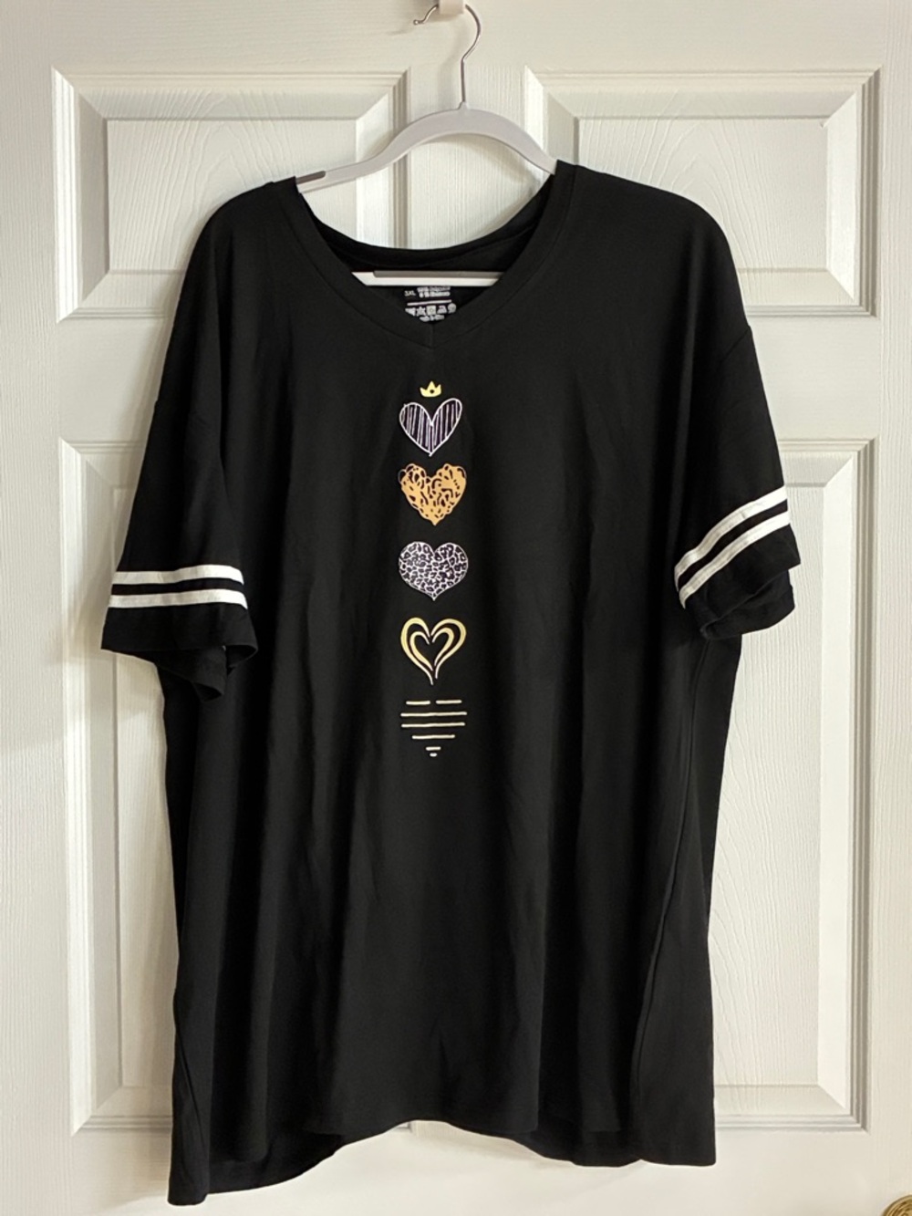 Black Graphic Heart Tee with Striped Sleeves